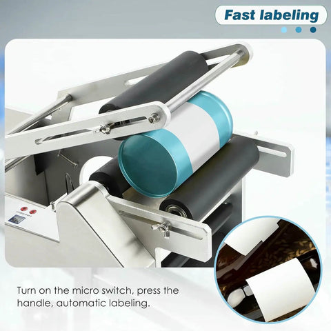 Plug And Play Semi Automatic Round Bottle Labeler With Tight Grip Adjustment Handles 15 To 150Mm Bottles, close-up of label application.