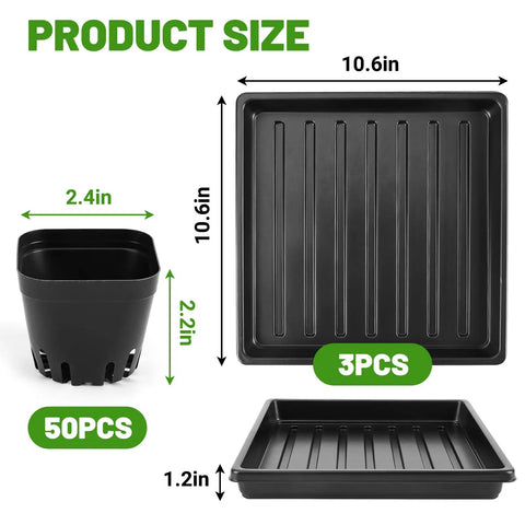 Three Tray Seedling System With Fifty Easy Remove Nursery Pots, Thick Durable 10.6 X 10.6 Inch Seed Starting Trays, size dimensions