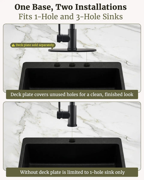 Heavy Duty 304 Stainless Steel Kitchen Faucet With Pull Down Sprayer And Smooth Glide Handle installation for 1-hole and 3-hole sinks.