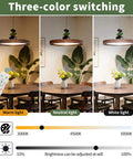 Mid Century Modern Pendant Light 15.8 Inch Wood Grain Finish Dimmable Led Island Lamp With Handheld Remote And Three Color Modes in warm, neutral, and white light settings.