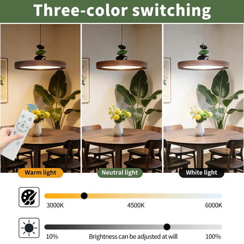 Mid Century Modern Pendant Light 15.8 Inch Wood Grain Finish Dimmable Led Island Lamp With Handheld Remote And Three Color Modes in warm, neutral, and white light settings.