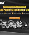 Five Piece Rock Solid Zero Point Pull Stud Kit For CNC Workholding And Mill Alignments Crafted From Heavy Duty Stainless Steel close-up showing various sizes and shapes.