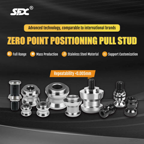 Five Piece Rock Solid Zero Point Pull Stud Kit For CNC Workholding And Mill Alignments Crafted From Heavy Duty Stainless Steel close-up showing various sizes and shapes.