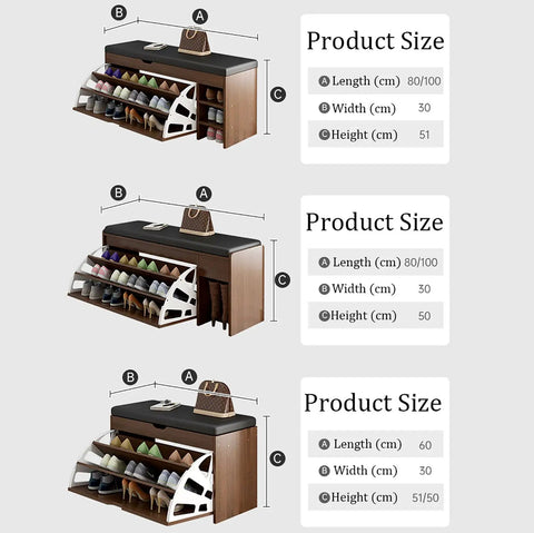 No Sweat Flip Front Shoe Cabinet With Comfy PU Bench Seat Rugged Wooden Entryway Storage Organizer Holds Sixteen Pairs, dimensions shown.
