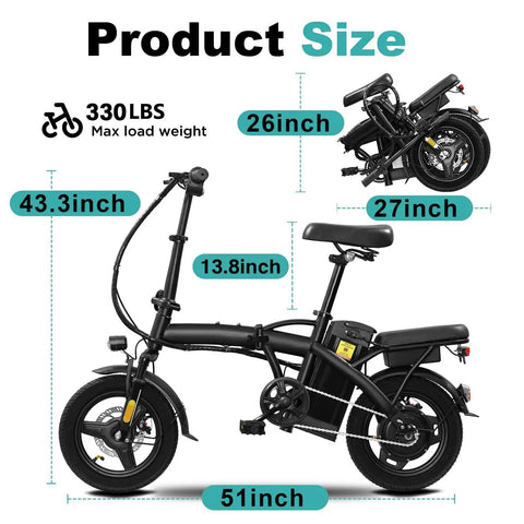 Powerful 560W Folding Electric Bike For Adults And Teens, Go To City Commuter Ebike With 48V Battery, 24 MPH Top Speed, 3 Level Pedal Assist, Dual Disc Brakes, 14 Inch Compact Foldable Ride, UL 2849 Certified, black folding frame with 330 lb max load