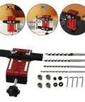Heavy Duty Cabinet Door Positioner Clamp, Adjustable Aluminum Alloy Vertical Installation Tool for precise door alignment in kitchen and bathroom cabinets. Includes drill bits and hardware.