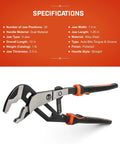 10 Inch Auto Bite Lever Pliers With One Hand Jaw Adjustment Cushioned Grip against specification sheet background