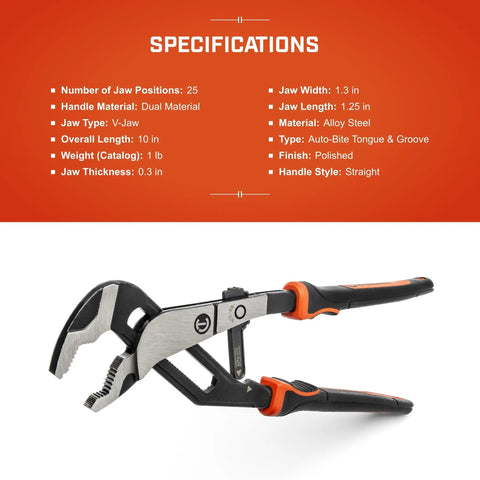 10 Inch Auto Bite Lever Pliers With One Hand Jaw Adjustment Cushioned Grip against specification sheet background