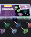 Front view: Swpeet 66-piece bristle disc kit for rotary tools with 1/8 in shank; assorted color wheels in case