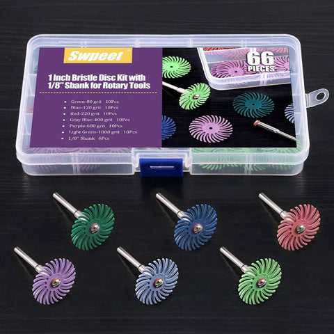 Front view: Swpeet 66-piece bristle disc kit for rotary tools with 1/8 in shank; assorted color wheels in case