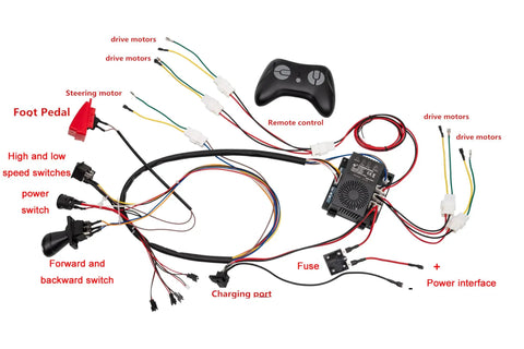 24V DIY Wire Harness Conversion Kit With 2.4G Bluetooth Remote For Kid's Ride On Toys Power Wheels Upgrade And HY2005RX 24V Control Box Replacement Parts, showing wiring and control components with labeled connections.