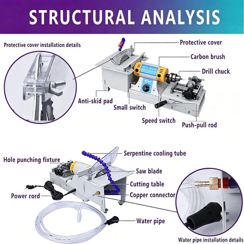 750 Watts Mini Table Lathe For Jewelry Stone Carving And Woodworking showing structural analysis of parts, including motor and cutting table.