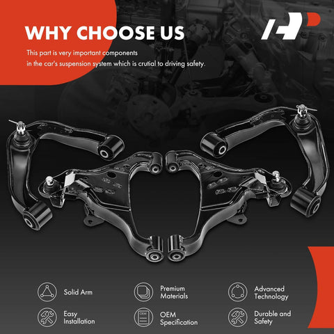 Beefed Up Set Of Four Front Upper And Lower Control Arm Kit With Ball Joints And Bushings For Nissan Frontier 2005 2018 Pathfinder 2005 2012 And Xterra 2005 2015 Designed For Tough Roads And Tight Steering With Smooth Ride, shown with installation icons.