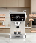 Smooth Semi Automatic Espresso Machine With 20 Bar Pressure And Built In Milk Steam Wand For Rich Crema Extraction Along With A 1.5L Removable Tank For Stress Free Daily Brewing Vibes control panel showcasing buttons for espresso preparation.