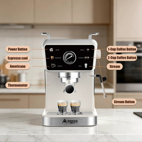 Smooth Semi Automatic Espresso Machine With 20 Bar Pressure And Built In Milk Steam Wand For Rich Crema Extraction Along With A 1.5L Removable Tank For Stress Free Daily Brewing Vibes control panel showcasing buttons for espresso preparation.