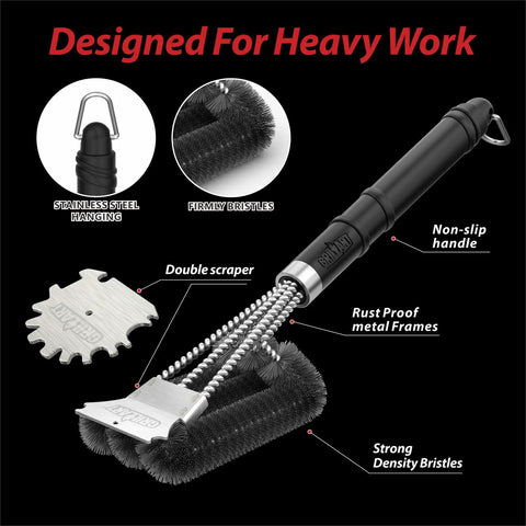 Three In One 18 Inch BBQ Grill Brush And Scraper Kit With Three Round Heads for 360 Degree Grate Cleaning showing details