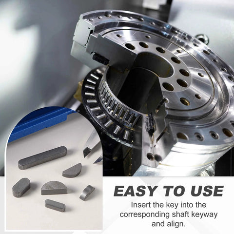 Installed view of a gearbox with round-ended feather keys; 30 pcs, carbon steel, 50×4×4 mm drive shaft keyway set