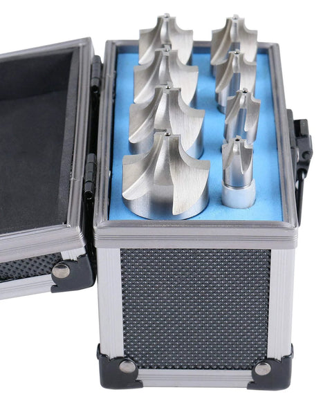 Top view of HSS corner rounding end mills, 8-piece set from 1/16'' to 3/8'', blue foam insert case