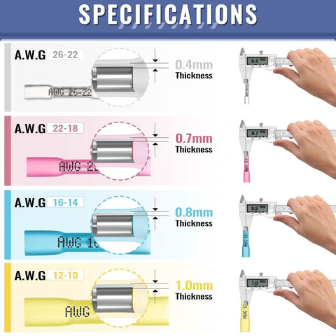 Specifications of 340Pcs Heat Shrink Butt Connectors Kit Marine Grade Electrical Wire Connectors with thickness measurements