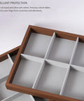 Dope Wooden Velvet Jewelry Organizer Tray With Nine Grid Compartments Stackable Ring Earring Necklace Valet Dish, walnut MDF with velvet lining.