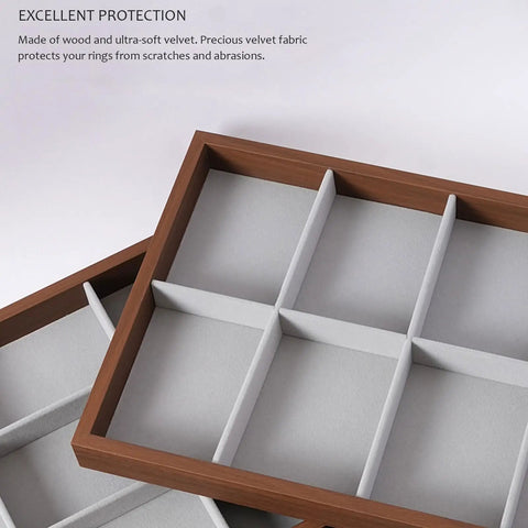 Dope Wooden Velvet Jewelry Organizer Tray With Nine Grid Compartments Stackable Ring Earring Necklace Valet Dish, walnut MDF with velvet lining.