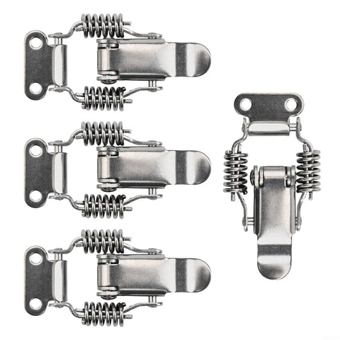 Four Pack Stainless Steel Spring Loaded Draw Latches With Double Action Clip Hasps For Toolboxes Suitcases Storage Boxes And Wooden Cabinets Rust Resistant Silver S 58x36mm And L 74x47mm showing top and side angles.