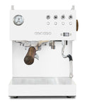 Front view of Duo Espresso Machine With PID Temperature Control And Programmable Volumetric Settings, white finish, walnut handle.