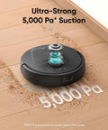 Robot Vacuum With Self Empty Station And Hair Detangling Technology For 60 Days Hands Free Cleaning 5000 Pa Suction Removes Hair And Dust For Pet Hair Cleanup In Homes On Hard Floors And Carpets showing 5000 Pa suction power on hardwood floor.