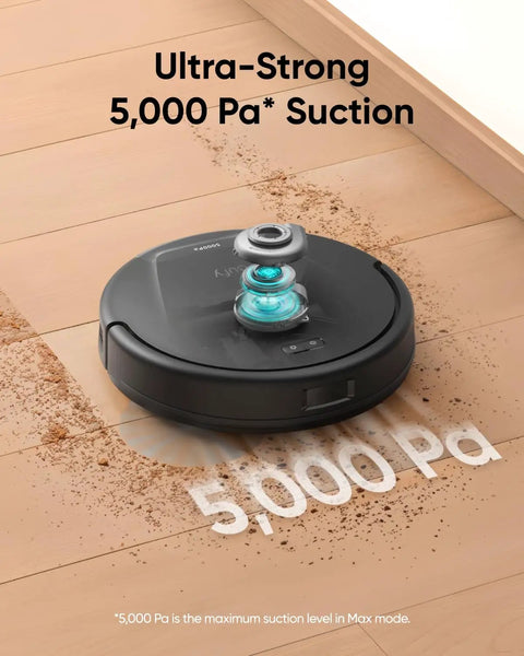 Robot Vacuum With Self Empty Station And Hair Detangling Technology For 60 Days Hands Free Cleaning 5000 Pa Suction Removes Hair And Dust For Pet Hair Cleanup In Homes On Hard Floors And Carpets showing 5000 Pa suction power on hardwood floor.