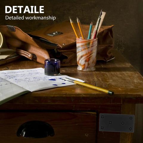 Desk with pencils, notebook, and highlighted Two Pack Black Stainless Steel Flat Braces For Furniture Repair And Woodworking Rust Resistant Straight Brackets With Beefy Support Easy Install Mending Plates For Connecting Wood Panels And Fixing Damaged Corners.