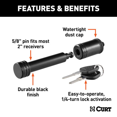 Locking Trailer Hitch Pin With Five Eighth Inch Diameter For Two Inch Receiver, Heavy Duty Steel Construction For Anti Theft Security