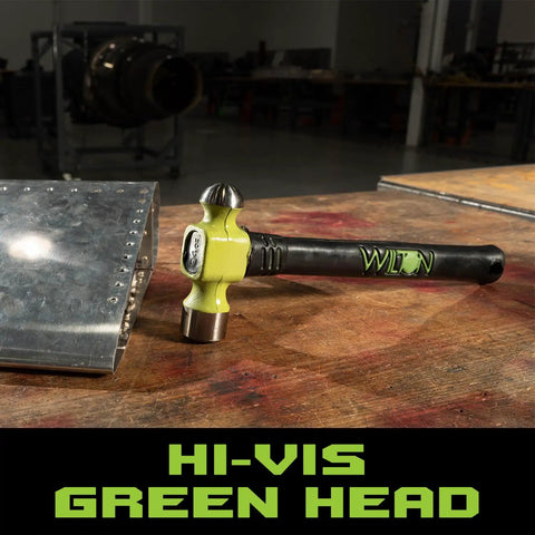 14 Inch Ball Pein Hammer With 32 Ounce Drop Forged Head Unbreakable Handle Anti Vibe Neck Reduces Fatigue Safety Plate Secures Head High Visibility Steel Tool For Metalworking Auto Body Construction And DIY Shop Projects with high-visibility green head.