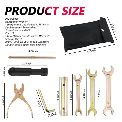 Ride Ready 8 Piece Motorcycle Tool Kit With Storage Bag Includes Wrenches Screwdriver Pliers Spark Plug Socket Set layout view