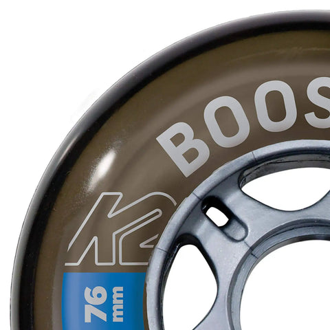 Close-up of Booster 76mm 80A Four Wheel Pack for Inline and Quad Skates in smoke color with high performance urethane formula.