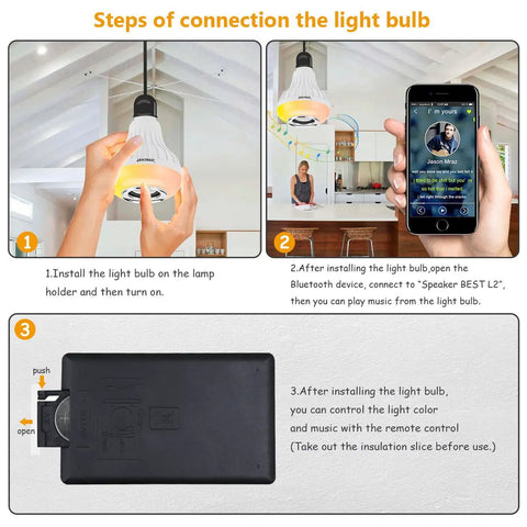 Installation steps for LED Light Bulb Bluetooth Speaker With RGB Color Changing Lamp 6W E26 with remote and phone connection.