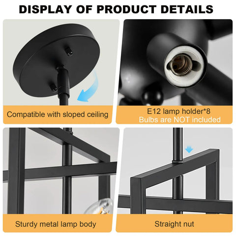 Image showing details of the Compact Geometric Black Sputnik Pendant Light, 8-Light Industrial Chandelier for Dining Room.