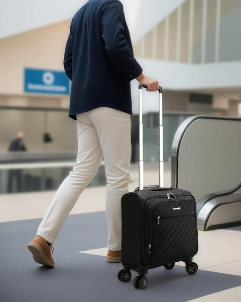 Person with Underseat Carry-On Luggage With Spinner Wheels, Soft Sided 15 Inch Travel Case For Air Travel And Business, Black