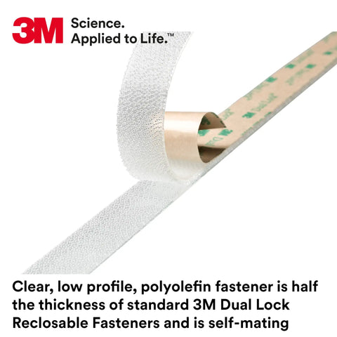 Clear Low Profile Reclosable Fastener Roll Crafted From Tough Polyolefin Tape With Interlocking Mushroom Heads, showing polyolefin tape on a roll.