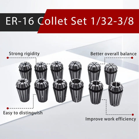 ER16 Collet Set 12Pcs One Thirty Second To Three Eighth Inch Spring Collets arranged on table with feature annotations
