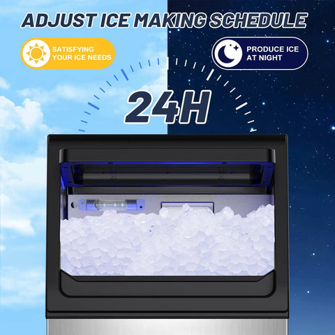 Nugget Ice Maker Machine With 100 Lbs Per Day Output with 24H ice schedule display, showing interior filled with nugget ice.