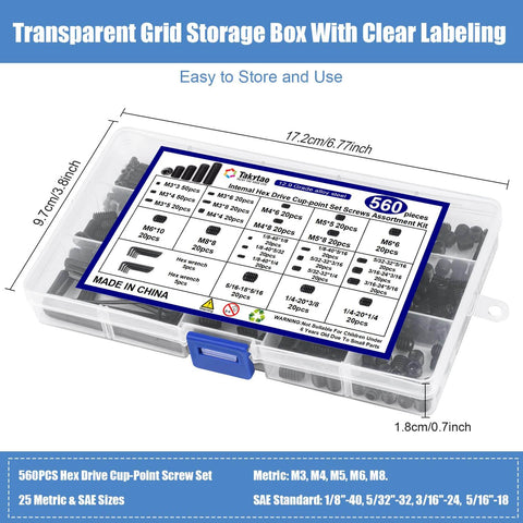 560 Piece Set Screw Kit With 25 Sizes Metric and SAE in transparent storage box with clear labeling and hex wrenches.