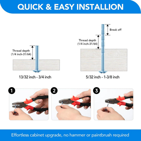Quick and easy installation instructions for 3 Inch Black Cabinet Handles 30 Pack Square Zinc Alloy Pulls, showing thread depth