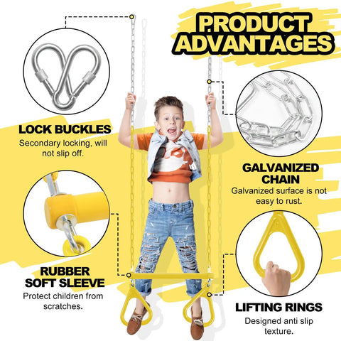 Child on Backyard Trapeze Swing Bar Sixteen Point Five Inch With 47 Inch Coated Chains And Two Snap Hooks Easy Install Swingset Accessory