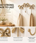 Heavy Duty Gold Bow Knot Wall Hooks Dope Brass Triple Coat Hanger Badass Metal Door Organizer Premium Weight Solid Built Storage Rig For Apartment Living Rooms with towels hanging.