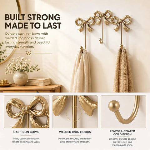 Heavy Duty Gold Bow Knot Wall Hooks Dope Brass Triple Coat Hanger Badass Metal Door Organizer Premium Weight Solid Built Storage Rig For Apartment Living Rooms with towels hanging.