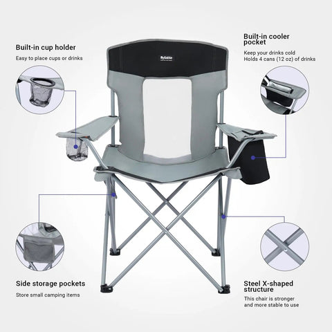 Ultralight Portable Folding Camping Chair For Adults With Cup Holder And Cooler Pouch, All Day Comfort With High Back Support