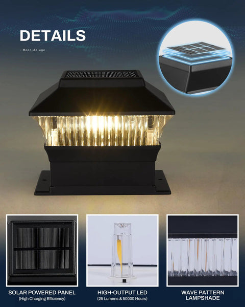Solar Fence Post Cap Lights 8 Pack For 4x4 Posts With 4x6 Base 3000K warm white LED lamp with solar panel and wave pattern lampshade.