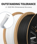 Close-up of white and black 1.75mm PLA filament spools with 0.02mm dimensional accuracy, highlighting print tolerance and precision.