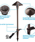 Low Voltage LED Landscape Path Lights 12 24V AC DC IP65 Outdoor Walkway Lights Oil Rubbed Bronze Flat Cone Head 6 Pack features