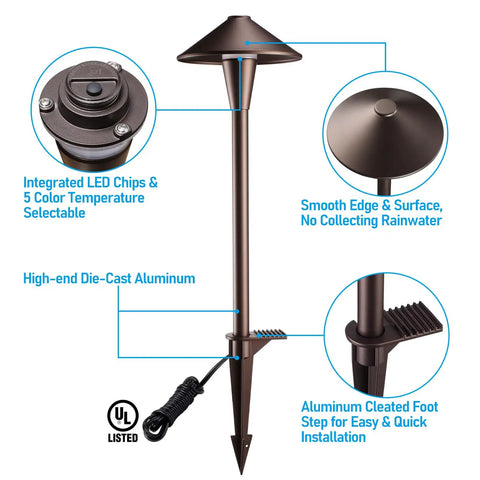 Low Voltage LED Landscape Path Lights 12 24V AC DC IP65 Outdoor Walkway Lights Oil Rubbed Bronze Flat Cone Head 6 Pack features